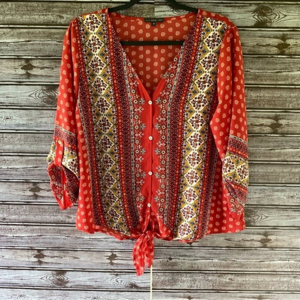 West Kei Women's V-Neck Button-Down Tie-Front Blouse Size M
